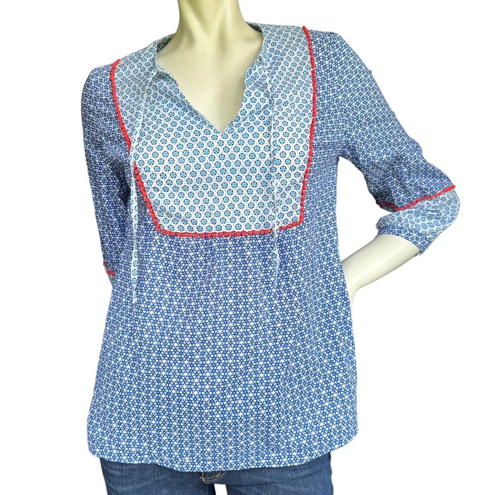 Boden Cora Star Print Mosaic Tile Peasant Boho Patriotic Blouse US 4 UK 8